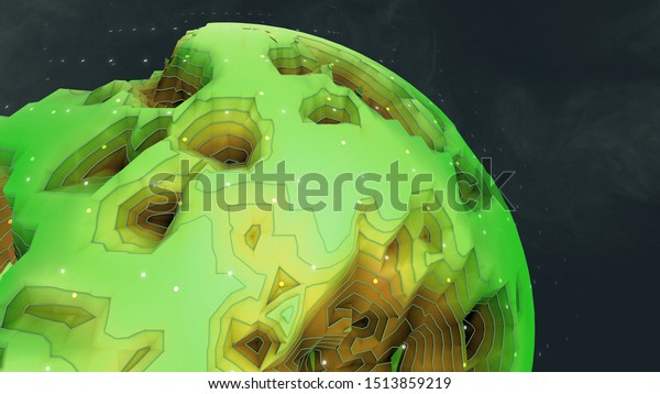 3D fantasy illustration rendering of\
abstract alien green topography planet rendering.\
