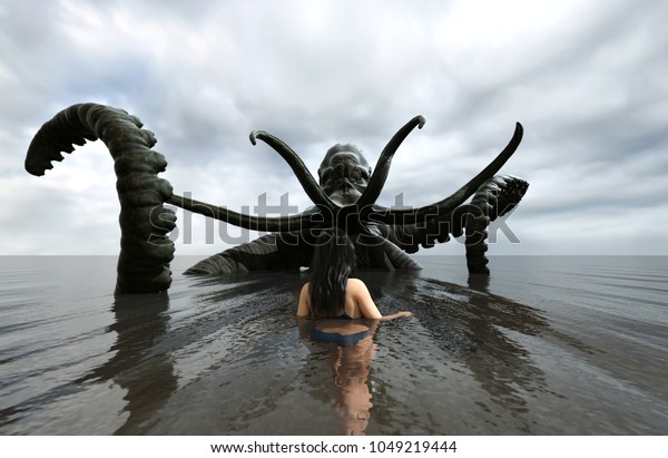 3d fantasy illustration,Woman being attack by a sea monster,book cover or book illustration concept background