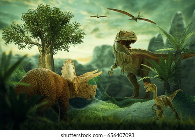 3D Fantasy Landscape With Dinosaur, 3d Rendered Landscape With Mountains