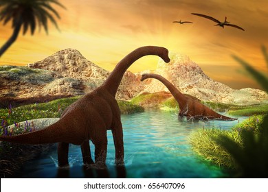 3D Fantasy Landscape with dinosaur, 3d rendered landscape with mountains