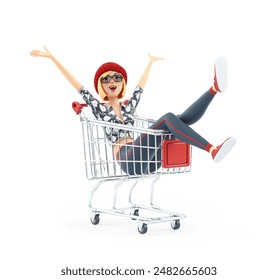 3d fashion girl sitting in shopping cart, illustration isolated on white background - Powered by Shutterstock