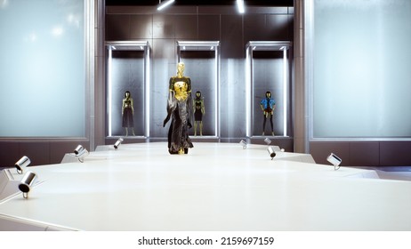 3D Fashion Show. Golden And Shining Meta Model, Virtual Avatar, Walking By The Podum. Trendy Fashion Pret-a-porte In Golden Colors. High Quality FullHD Footage 3D Rendering