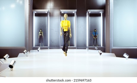 3D Fashion Show. Golden And Shining Meta Model, Virtual Avatar, Walking By The Podum. Trendy Fashion Pret-a-porte In Golden Colors. High Quality FullHD Footage. 3D Rendering