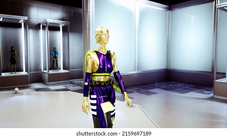 3D Fashion Show. Golden And Shining Meta Model, Virtual Avatar, Walking By The Podum. Trendy Fashion Pret-a-porte In Golden Colors. High Quality FullHD Footage. 3D Rendering