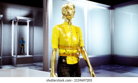 3D Fashion Show. Golden And Shining Meta Model, Virtual Avatar, Walking By The Podum. Trendy Fashion Pret-a-porte In Golden Colors. High Quality FullHD Footage. 3D Rendering