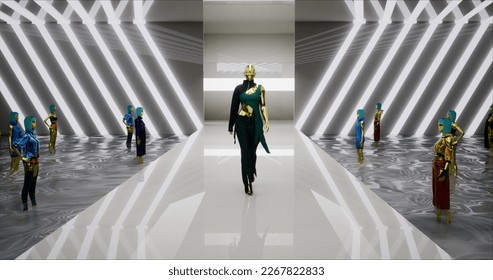 3D Fashion Show. The Virtual Female Model Walks Down the Runway. A Trendy White Suit. Meeting in Virtual Space, Artificial World. Concept of Gamification and Realization of NFT. 3D Illustration - Powered by Shutterstock