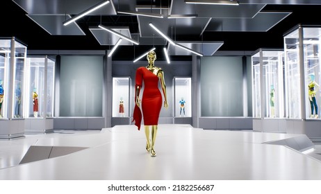 3D Fashion Show: Virtual Model Walking By The Podum. Fashionable Red Dress. 3D Rendering. High Quality 4k Footage. 3D Illustration