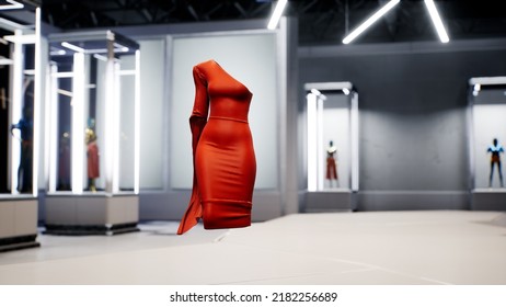 3D Fashion Show: Virtual Model Walking By The Podum. Fashionable Red Dress. 3D Rendering. High Quality 4k Footage. 3D Illustration