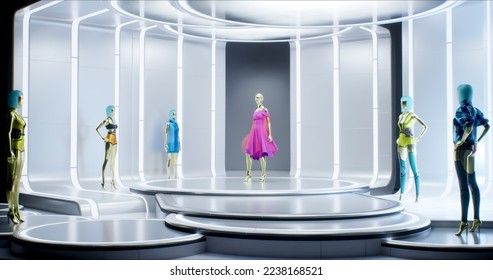 3D Fashion Show: Virtual Model Walking by the Podum. Fashionable Pink Dress. Meetings in Virtual Space, Artificial World. Concept of Gamification and Realization of NFT Products. 3D. 3D Illustration - Powered by Shutterstock