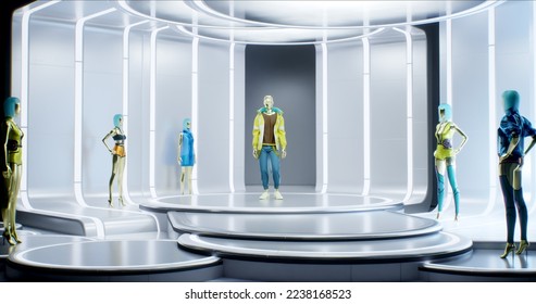 3D Fashion Show: Virtual Model Walking by the Metaverse Podum. Fashionable Casual Suit. Meetings in Virtual Space, Artificial World. Concept of Gamification and Realization of NFT. 3D Illustration - Powered by Shutterstock