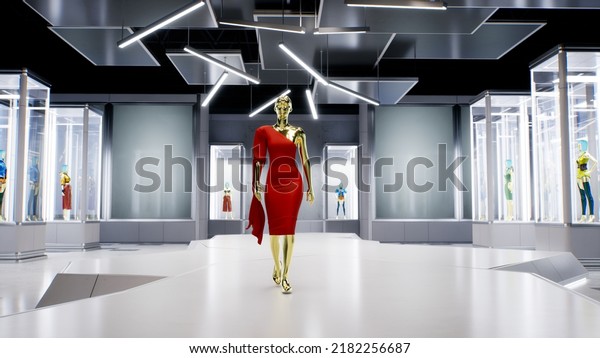 3D fashion show: virtual model walking by\
the podum. Fashionable red dress. 3D Rendering. High quality 4k\
footage. 3D\
Illustration