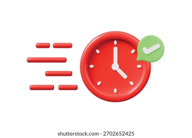 3d fast red clock with check mark icon. on time delivery concept. Minimal cartoon speed timer schedule for delivery app banner. isolated on white background. 3d render.