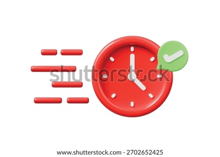 3d fast red clock with check mark icon. on time delivery concept. Minimal cartoon speed timer schedule for delivery app banner. isolated on white background. 3d render.