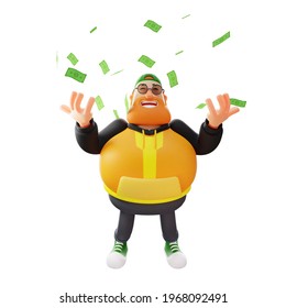 3D Fat Male Cartoon Character Under Money Raining