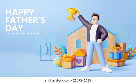 3d father's day or birthday greeting card design. A man holding trophy in front of house shaped board with gift boxes, and wooden toy blocks. - Powered by Shutterstock