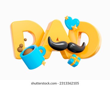 3D Father's Day with golden text Dad and blue decoration. Coffee mug, gift boxes and heart. Best parent. Man's mustache. Cartoon creative design icon isolated on white background. 3D Rendering - Powered by Shutterstock