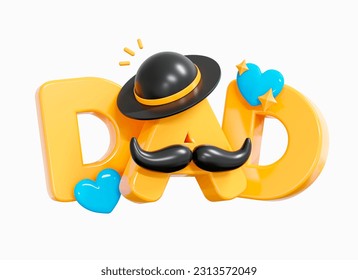 3D Father's Day with golden text Dad and decorations. Best parent. Man's mustache and hat. Funny element for banner and poster. Cartoon creative design icon isolated on white background. 3D Rendering - Powered by Shutterstock