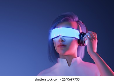 3d Female Character With Futuristic VR Glasses And Headset. Copy Space. Metaverse Concept, Technology, Video Game And Virtual Reality. 3d Rendering