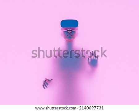 3d female character with VR goggles immersed in backlit diffuse liquid. metaverse concept, technology, experience, video games and virtual reality. 3d rendering Stockfoto © 