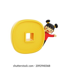 3d Female Chibi Character And Gold Qing Ming Big Coin In Chinese New Year