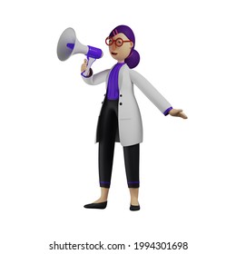 3D Female Doctor Cartoon Character Speaking On A Megaphone