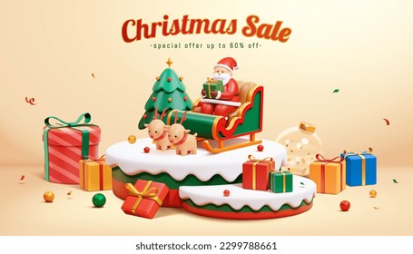 3D Festive Christmas sale poster. Santa in a reindeer sleigh, Christmas tree, and gifts on top of snow covered podiums on light beige background. - Powered by Shutterstock