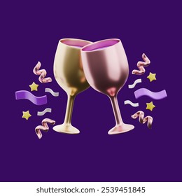 A 3D festive image with two clinking glasses, adorned with confetti, ribbons, and stars, set on a purple background.