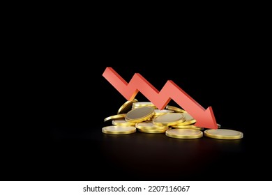 3d Financial Crisis Icon With Stack Of Coins And Red Arrow Step Moving Down 3d Illustration On Black Backgroud
