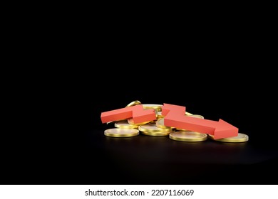 3d Financial Crisis Icon With Stack Of Coins And Red Arrow Step Moving Down 3d Illustration On Black Backgroud
