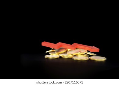 3d Financial Crisis Icon With Stack Of Coins And Red Arrow Step Moving Down 3d Illustration On Black Backgroud
