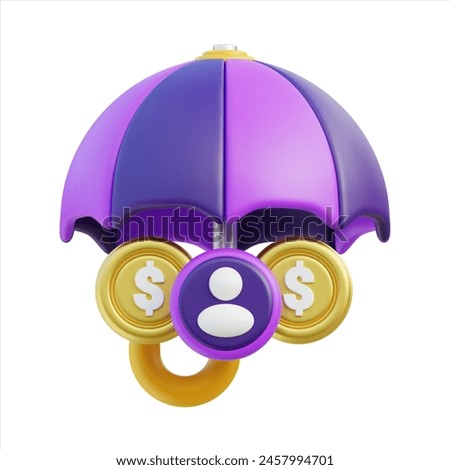 3D financial security and protection using a umbrella, symbolizing coverage and safeguarding, with gold coins marked with dollar signs, emphasizing stability and assurance in financial matters.