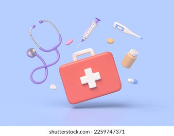 3d first aid kit, plastic bottle for pills, syringe, thermometer, stethoscope, capsules in cartoon style. concept of medicine and healthcare. illustration isolated on blue background. 3d rendering - Powered by Shutterstock