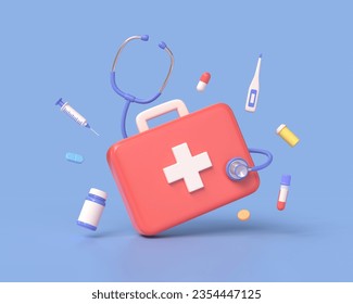 3d first aid kit, plastic bottle for pills, syringe, thermometer, stethoscope, capsules in cartoon style. concept of medicine and healthcare. illustration isolated on blue background. 3d rendering - Powered by Shutterstock