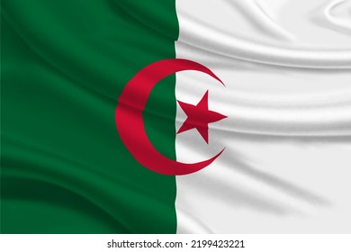 3D Flag Of Algeria On Wrinkled Fabric Background.