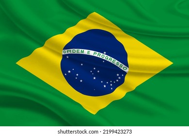 3D Flag Of Brazil On Wrinkled Fabric Background.