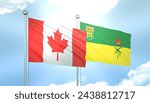 3D Flag of Canada and Saskatchewan on Blue Sky with Sun Shine