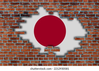 3D Flag Of Japan Behind The Broken Old Stone Wall Background.