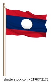 3D Flag Of Laos On A Pillar Blown Away Isolated On A White Background.