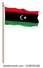 3D Flag Of Libya On A Pillar Blown Away Isolated On A White Background.