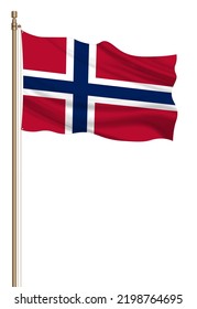 3D Flag Of Norway On A Pillar Blown Away Isolated On A White Background.