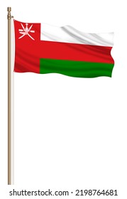 3D Flag Of Oman On A Pillar Blown Away Isolated On A White Background.