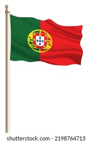 3D Flag Of Portugal On A Pillar Blown Away Isolated On A White Background.