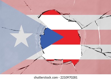 3D Flag Of Puerto Rico On A Glass Breakage Background.