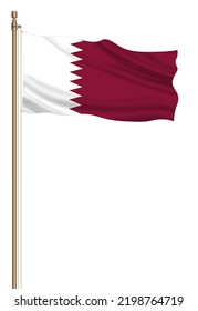 3D Flag Of Qatar On A Pillar Blown Away Isolated On A White Background.