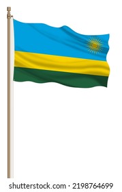 3D Flag Of Rwanda On A Pillar Blown Away Isolated On A White Background.