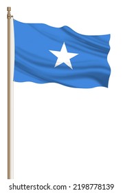 3D Flag Of Somalia On A Pillar Blown Away Isolated On A White Background.