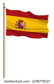 3D Flag Of Spain On A Pillar Blown Away Isolated On A White Background.