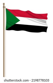 3D Flag Of Sudan On A Pillar Blown Away Isolated On A White Background.