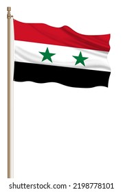 3D Flag Of Syria On A Pillar Blown Away Isolated On A White Background.