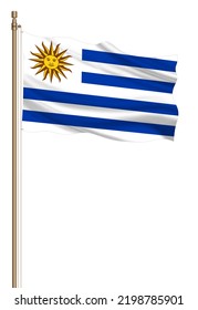 3D Flag Of Uruguay On A Pillar Blown Away Isolated On A White Background.